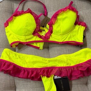 Love Haus Neon Yellow Bikini with Pink Ruffles